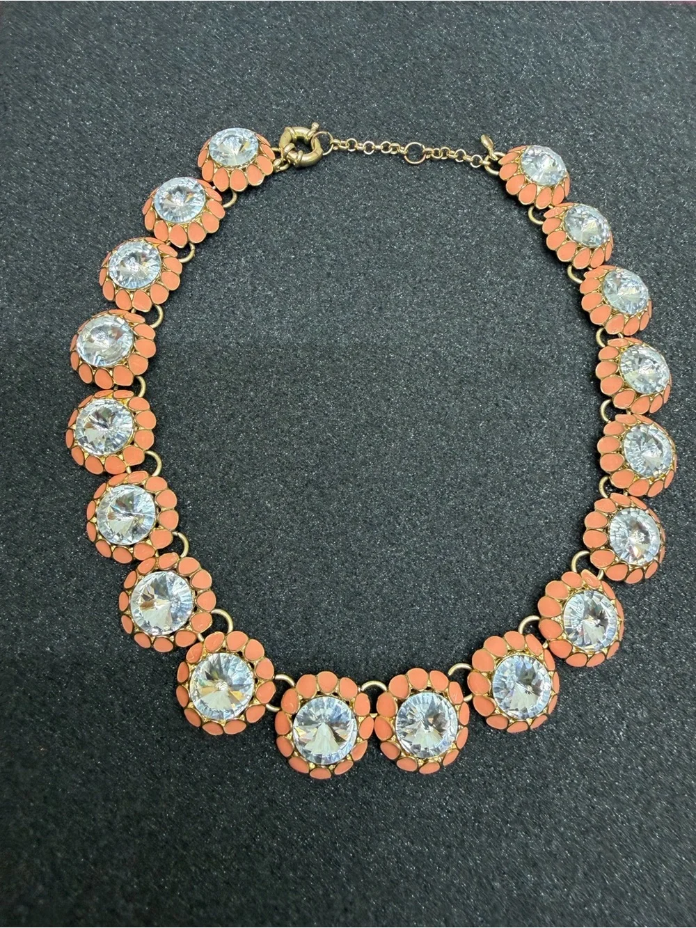 Vintage Rivoli Peach Enamel and Rhinestone Necklace